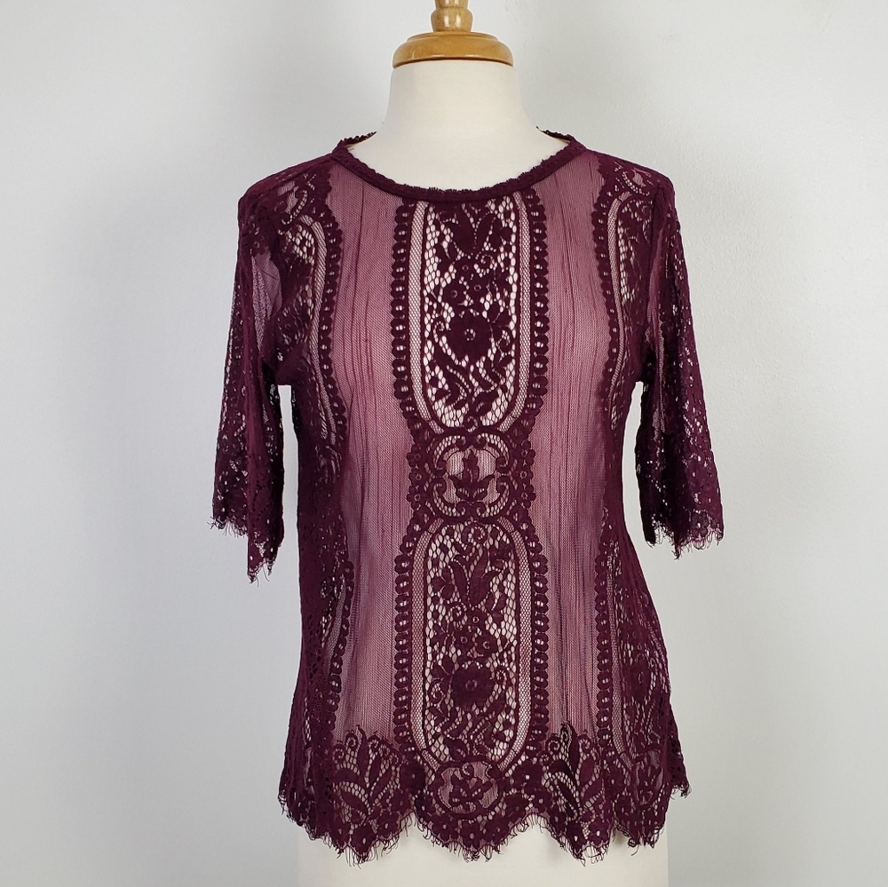 Rewind Womens Semi-Sheer Tunic Top Maroon‎ Medium - Picture 2 of 14
